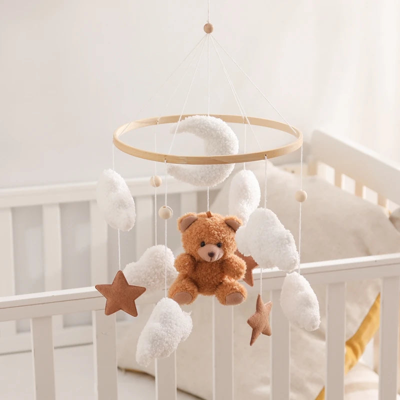 Baby Crib Mobile Rattle Toy Wooden Bed Bell Mobile Hanging Teddy Velvet Bear Doll Toy Newborn Music Box Crib Mobile Bracket Gift