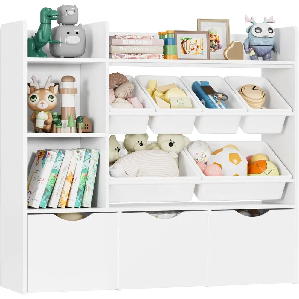 Toy Storage Organizer with 3 Movable Drawers, Bookshelf and Bookcase with 6 Plastic Bins & 2 Storage Cubbies