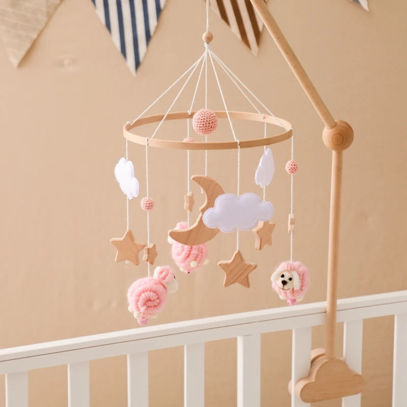 Baby Crib Mobile Rattle Toy Wooden Bed Bell Mobile Hanging Teddy Velvet Bear Doll Toy Newborn Music Box Crib Mobile Bracket Gift