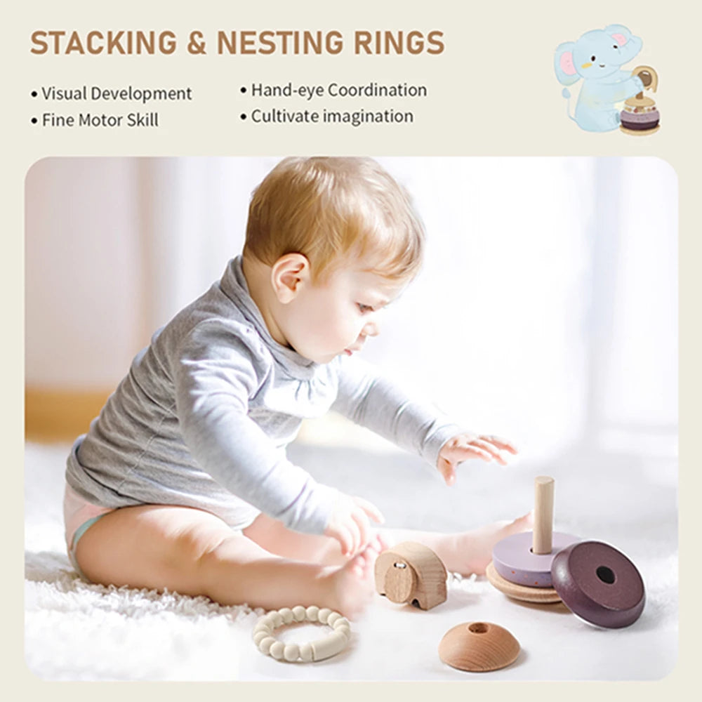 Baby Wooden Montessori Toys Wooden Blocks Stacking Silicone Ring Rattle Toys Animal Cognition Sensory Toys for Children Gift