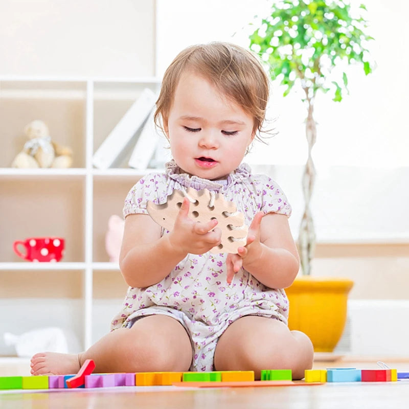 Wooden Hedgehog Threading Board Kids Montessori Toys Beech Wooden Educational Toy Button Beaded Blocks Puzzle Toy Baby Gifts