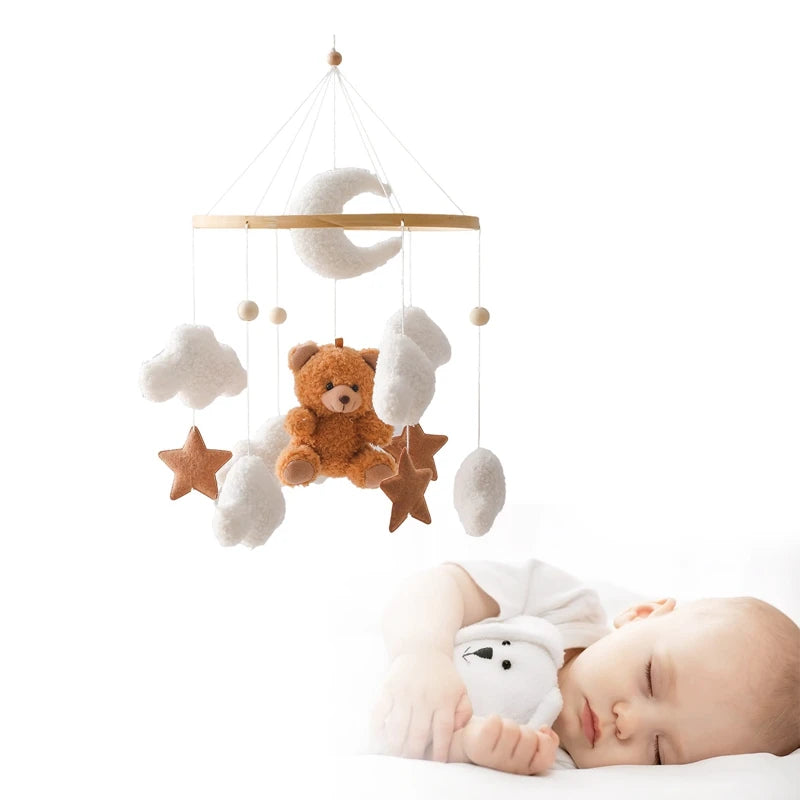 Baby Crib Mobile Rattle Toy Wooden Bed Bell Mobile Hanging Teddy Velvet Bear Doll Toy Newborn Music Box Crib Mobile Bracket Gift